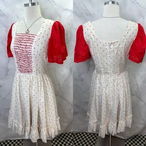 Vintage 70s 60s Square Dance Dress sz M Red White Polkadot ruffle Circle skirt